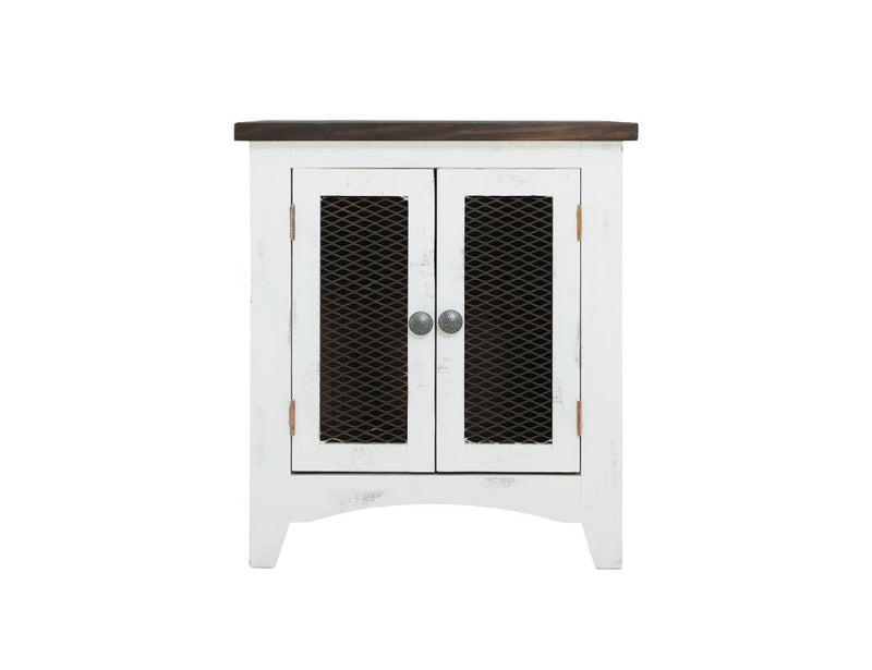 Pueblo White End Table - distressed white pine, brown top, two iron mesh doors