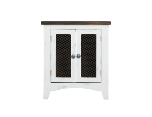 Pueblo White End Table - distressed white pine, brown top, two iron mesh doors