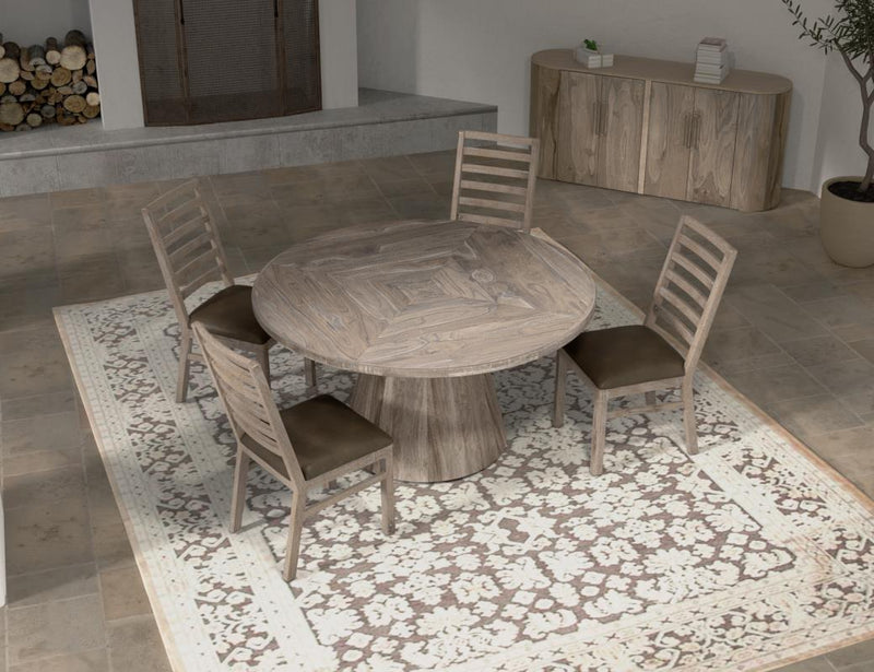 Balam White round dining table patio scene