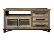 Loft Brown TV Stand 62 inch - reclaimed-look pine, glass doors