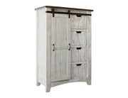 Pueblo White 4 Drawer Chest - distressed white pine, brown top, sliding barn door