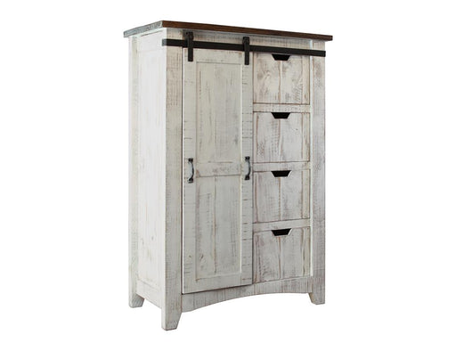 Pueblo White 4 Drawer Chest - distressed white pine, brown top, sliding barn door