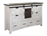Pueblo White 6 Drawer Dresser - distressed white pine with brown top, sliding barn door, iron pulls