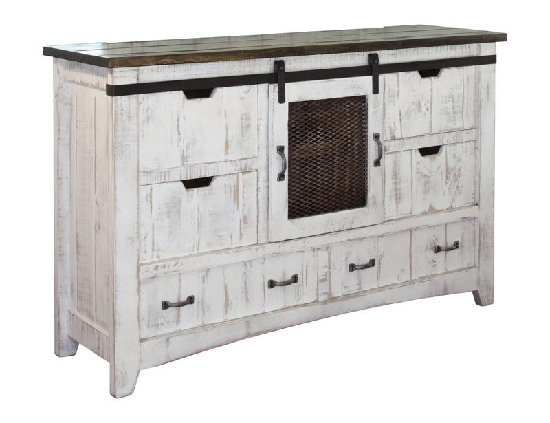 Pueblo White 6 Drawer Dresser - distressed white pine with brown top, sliding barn door, iron pulls