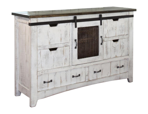 Pueblo White 6 Drawer Dresser - distressed white pine with brown top, sliding barn door, iron pulls