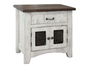 Pueblo White Nightstand - one drawer, two iron mesh doors, distressed white pine