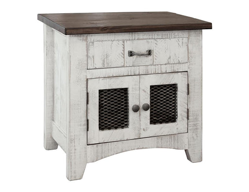Pueblo White Nightstand - one drawer, two iron mesh doors, distressed white pine
