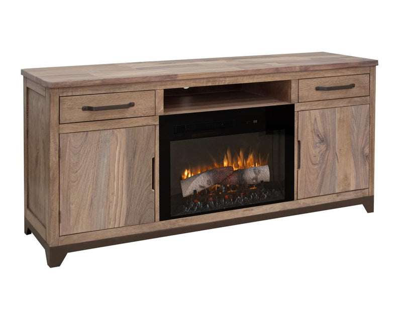 Natural Parota 70" Fireplace TV Console with electric fireplace lit