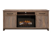 Natural Parota 70" Fireplace TV Console - front view with fireplace