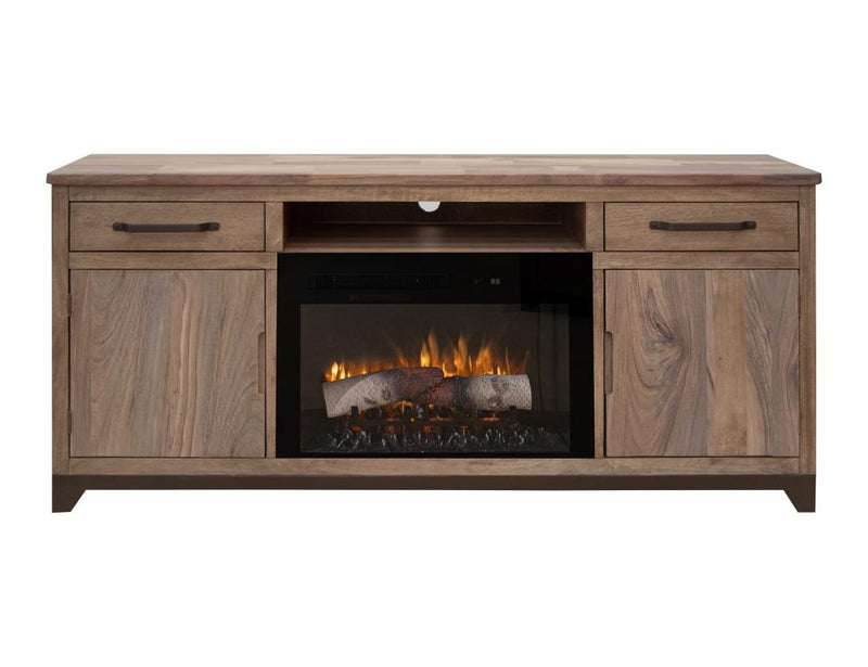 Natural Parota 70" Fireplace TV Console - front view with fireplace
