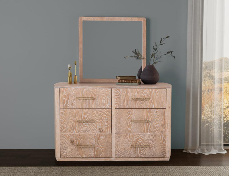Balam White Dresser and mirror styled in a bedroom