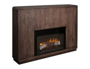 Dark Mezquite Fireplace Console with fireplace lit