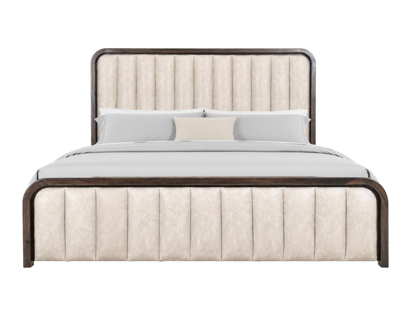 Dark Mezquite Upholstered Bed styled in a bedroom