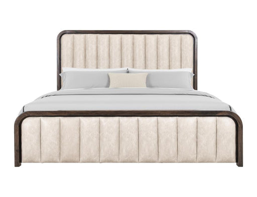 Dark Mezquite Upholstered Bed styled in a bedroom