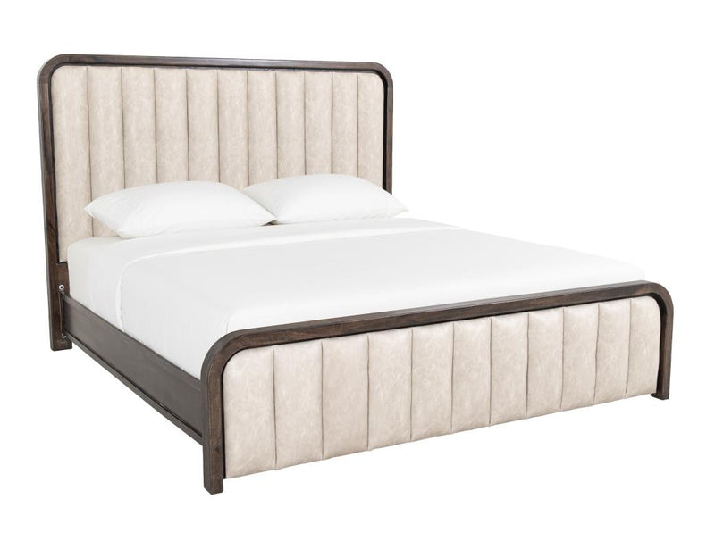 Dark Mezquite Upholstered Bed styled in a bedroom