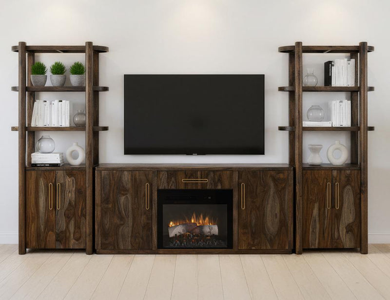 Balam Black wall unit with lit fireplace