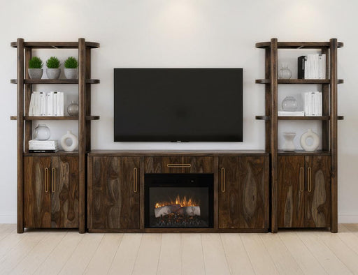 Balam Black wall unit with lit fireplace