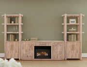Balam White wall unit room scene with lit fireplace
