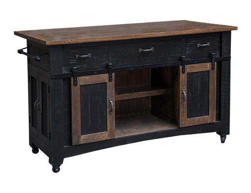 Pueblo Black Kitchen Island - weathered black pine, brown top, barn doors, mesh doors