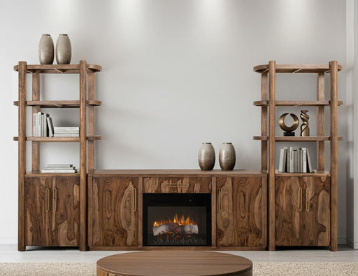 Balam Brown 70 inch TV stand with lit fireplace in wall unit