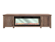Natural Parota 93" Fireplace TV Console with 50-inch electric fireplace lit