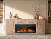 Balam White 80 inch fireplace TV stand room scene lit