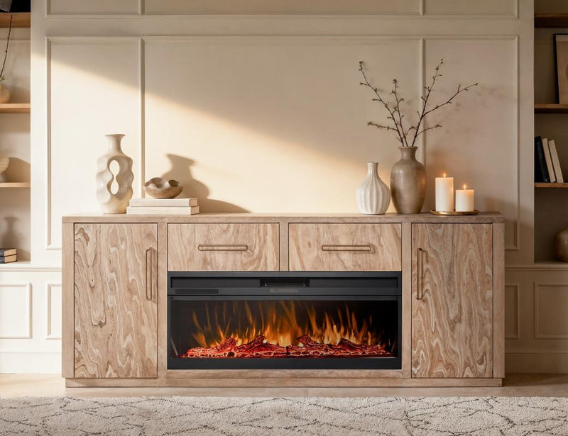 Balam White 80 inch fireplace TV stand room scene lit