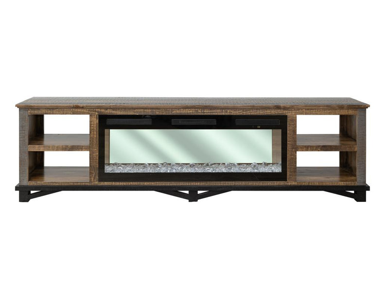 Loft Brown 92" Fireplace TV Console with 50-inch electric fireplace lit
