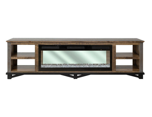 Loft Brown 92" Fireplace TV Console with 50-inch electric fireplace lit