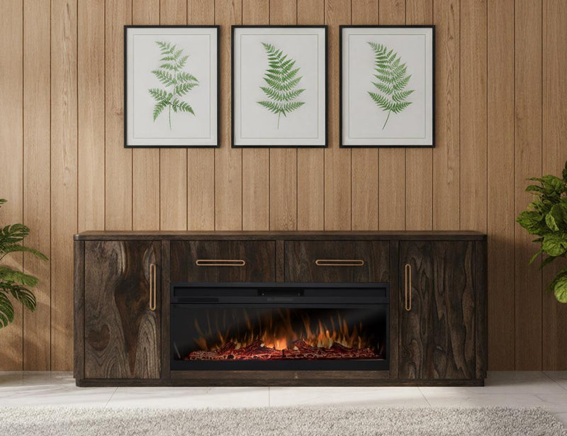Balam Black 80 inch fireplace TV stand room scene lit