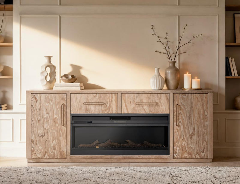 Balam White 80 inch fireplace TV stand room scene