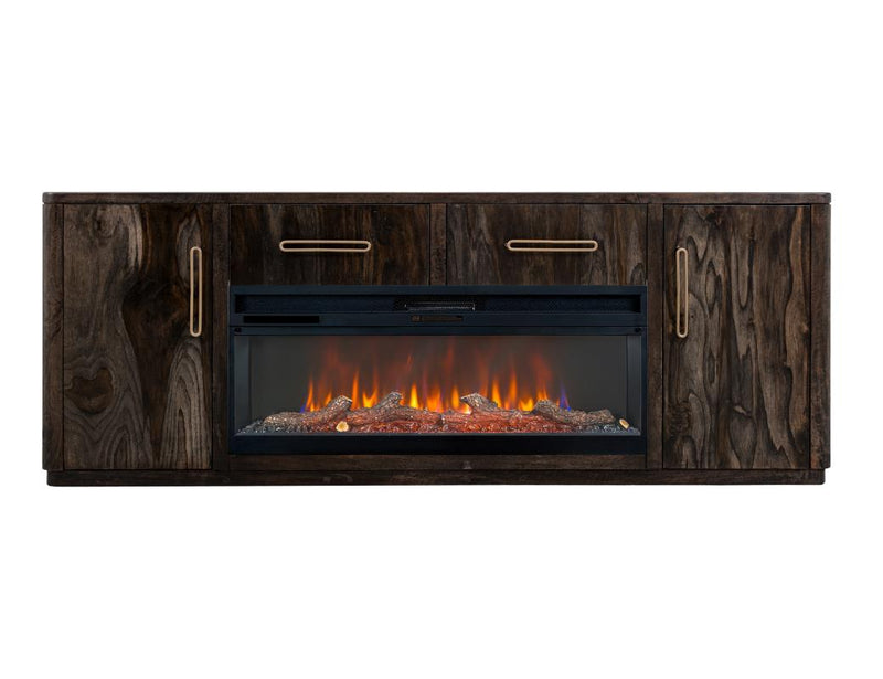 Balam Black 80 inch TV stand with lit fireplace
