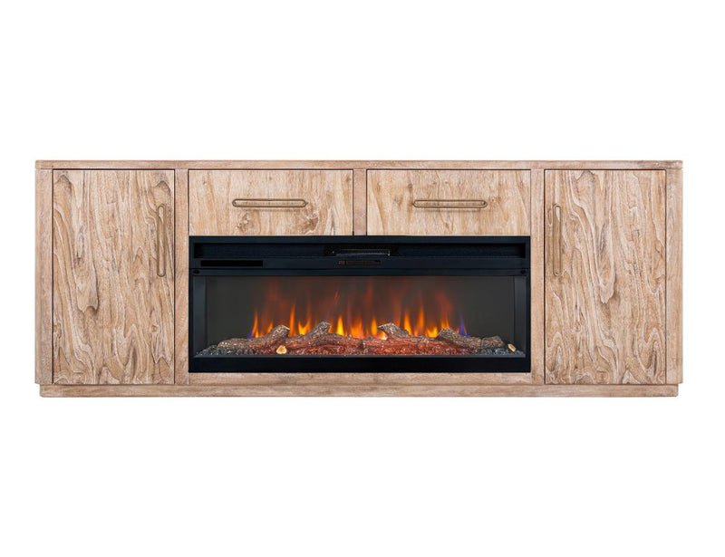 Balam White 80 inch TV stand with lit fireplace
