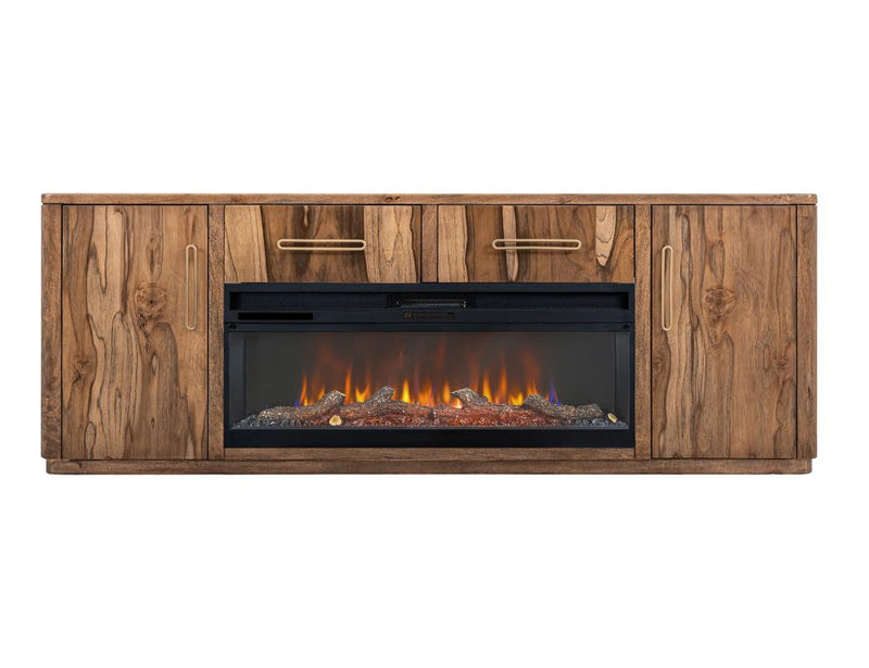Balam Brown 80 inch TV stand with lit fireplace