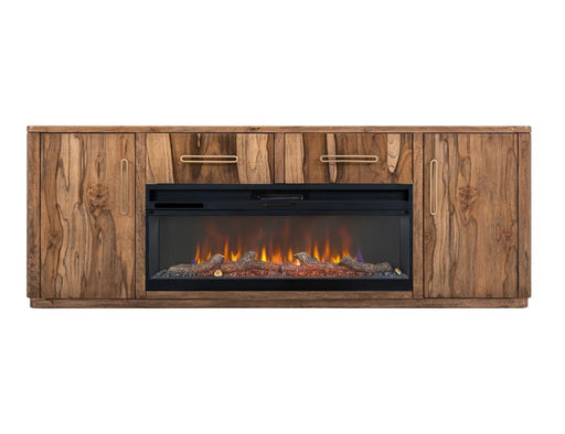 Balam Brown 80 inch TV stand with lit fireplace