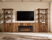 Balam Brown wall unit room scene with lit fireplace