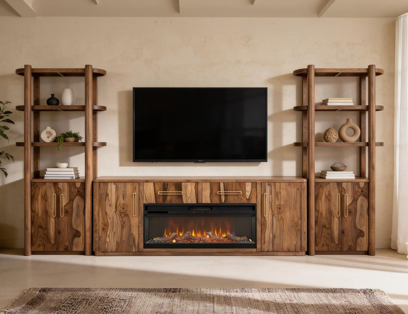 Balam Brown wall unit room scene with lit fireplace
