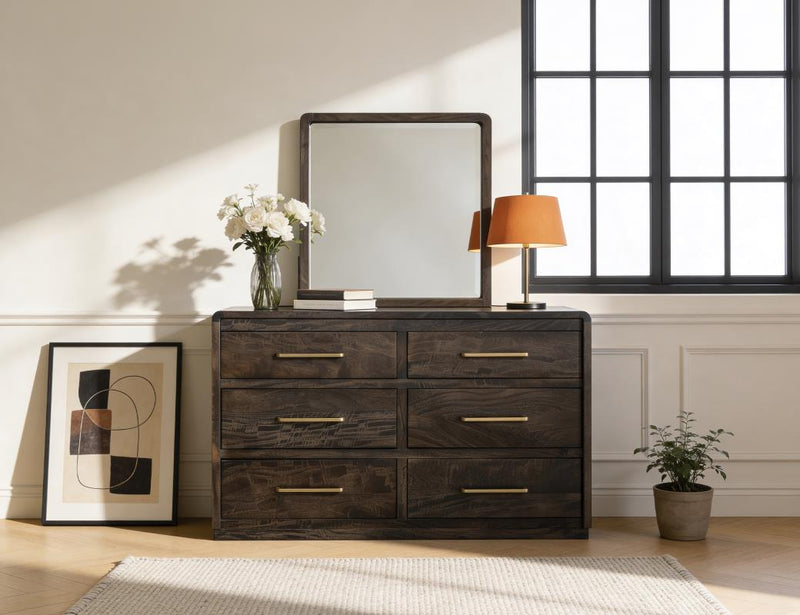 Dark Mezquite 6 Drawer Panel Dresser with mirror in a bedroom