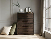 Dark Mezquite 5 Drawer Panel Chest styled in a bedroom