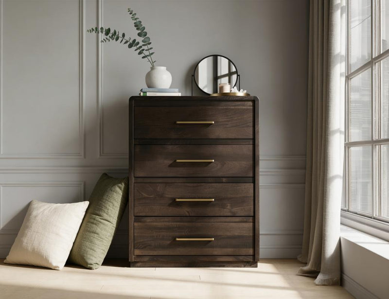 Dark Mezquite 5 Drawer Panel Chest styled in a bedroom