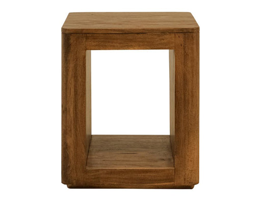 Balam Brown open-shelf chairside table front view