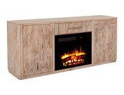 Balam White 70 inch TV stand with lit fireplace