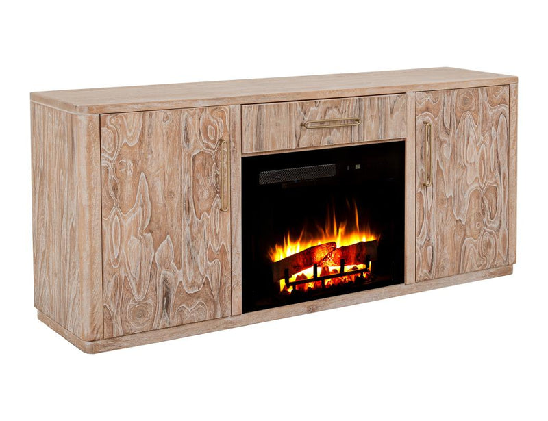Balam White 70 inch TV stand with lit fireplace