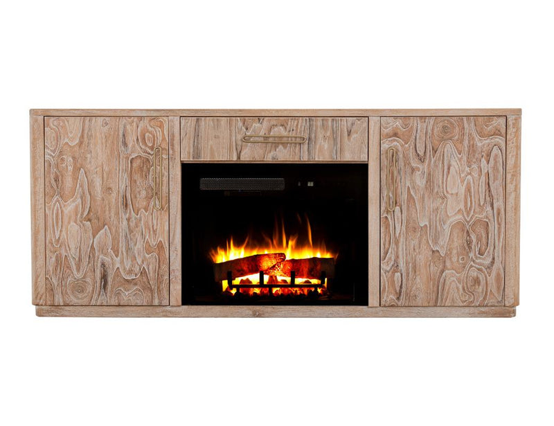 Balam White 70 inch TV stand fireplace lit front view