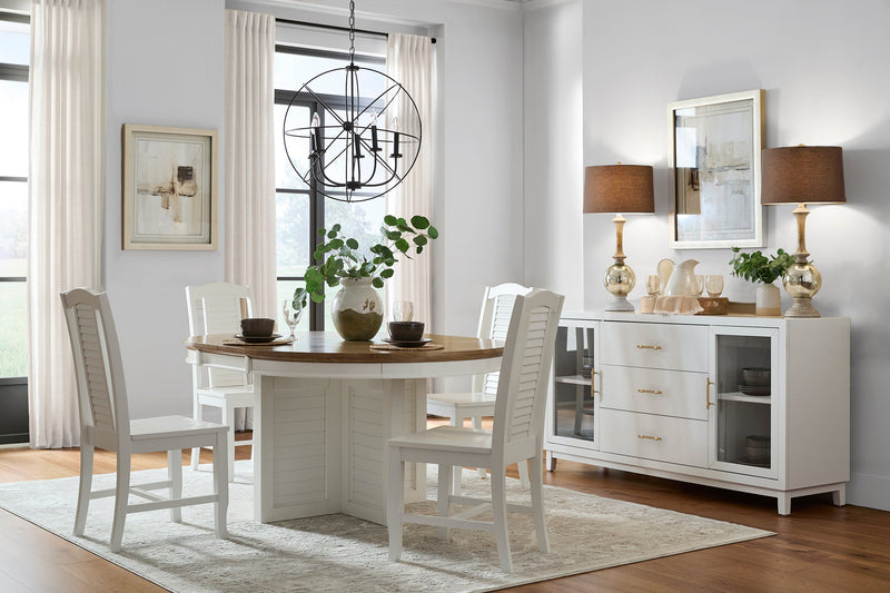 Urbane Server in Pure White with the Sanibel Shell Extension Dining Table - Barewood