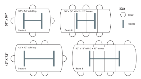 Arcadia and Hawthorne Trestle Table seating options - 36 x 54 and 42 x 72 tops, seats 4 to 8 - Barewood