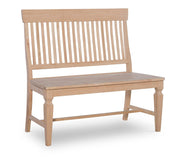 A unfinished Vista Slatback Bench with a wooden seat and a slatted backrest, constructed from Parawood.