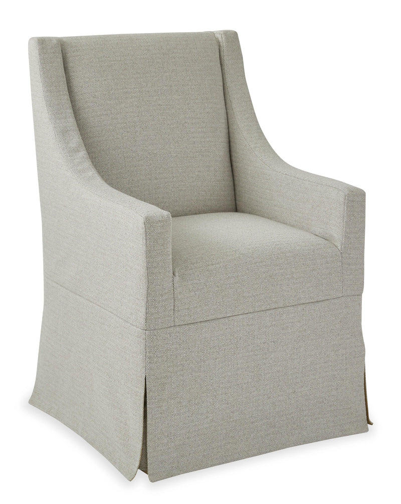 Beige arm slip cover chair with a hardwood frame and a cushioned seat and backrest.