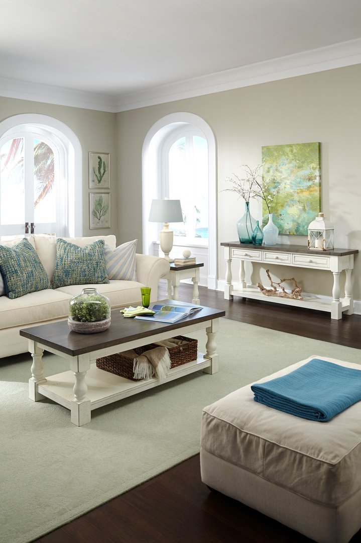 Tuscan Coffee Table and Tuscan Sofa Table, custom finished, in a living room - Barewood