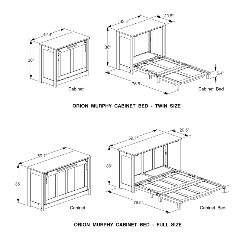 Orion Murphy Cabinet Bed twin and full dimensions - Barewood